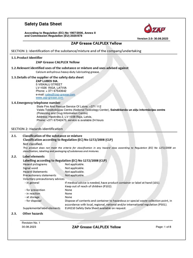 MSDS_ZAP_Grease_CALPLEX_Yellow_EN2020878_20230830 PDF Dangerous