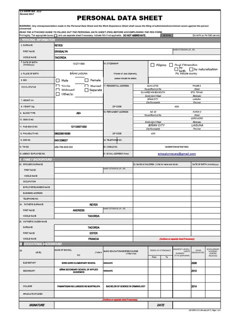 CS Form No. 212 Personal Data Sheet Revised PDF Government Justice
