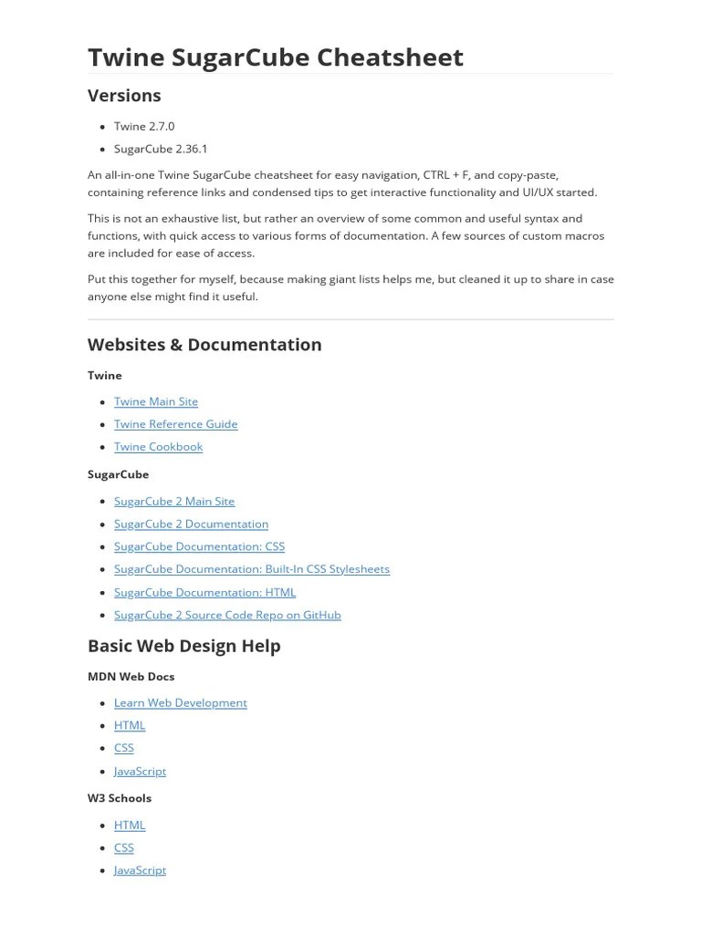 Twine SugarCube Cheatsheet PDF Html World Wide 