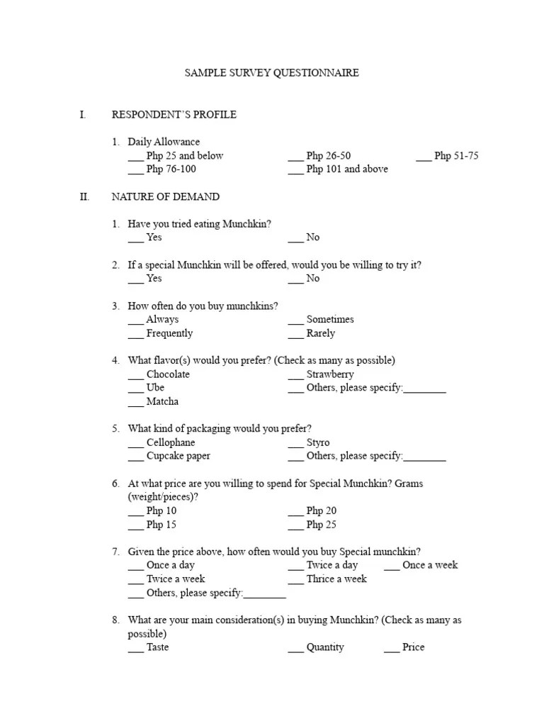 Sample Survey Questionnaire PDF Drink Food And Drink Preparation