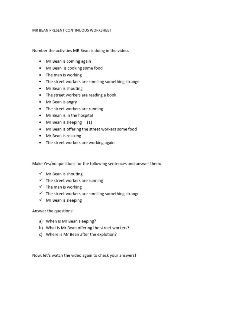 MR Bean Present Continuous Worksheet PDF