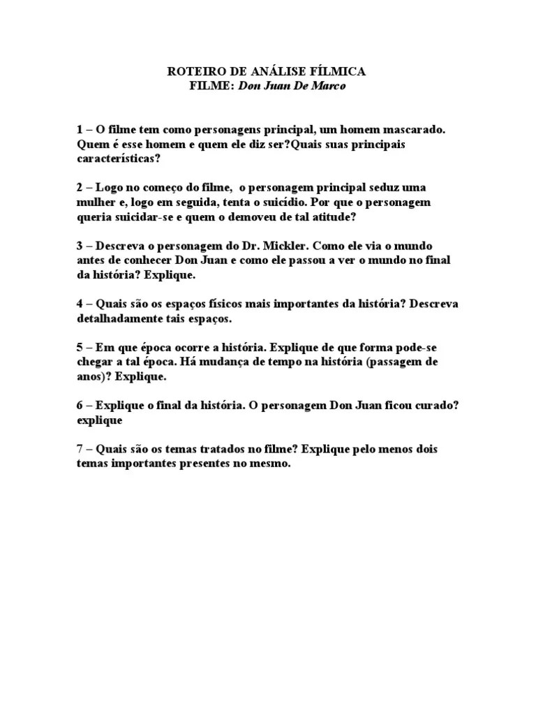 ROTEIRO DE ANÁLISE DO FILME Don Juan Demarco