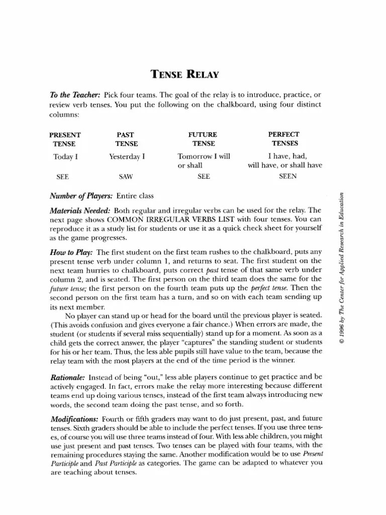 Verb Relay Grammatical Tense Perfect (Grammar)