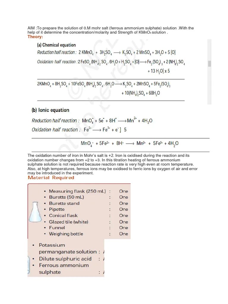 Experiment 9 TItration of Mohr Salt With KMnO4 PDF