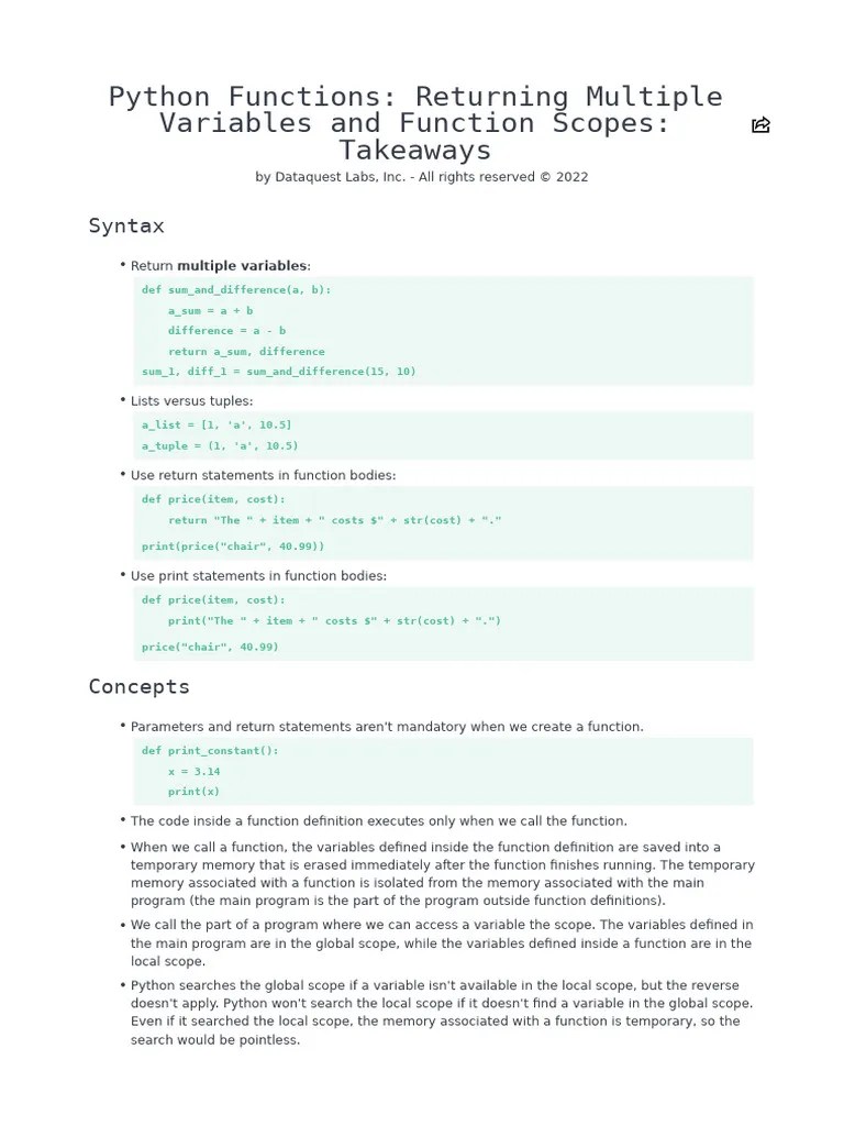 14 Python Functions Returning Multiple Variables and Function Scopes PDF