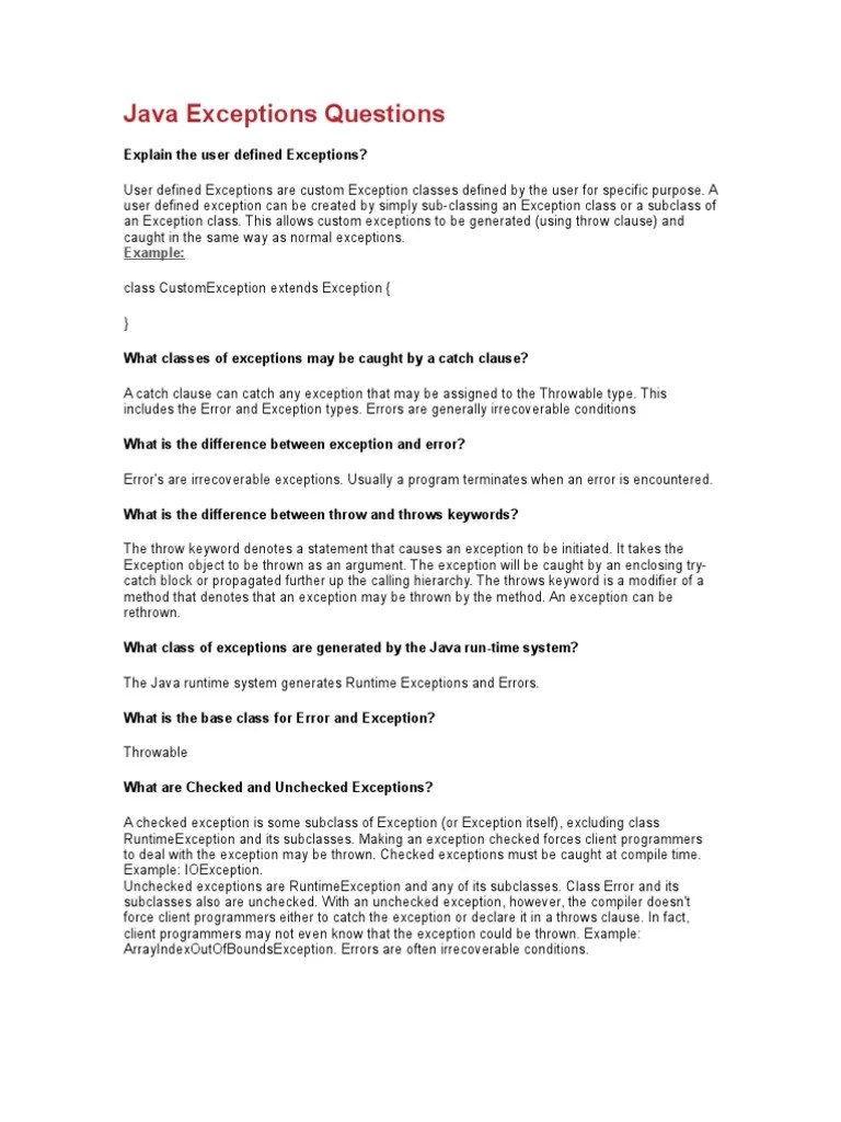 Java Exceptions Questions PDF Class Programming