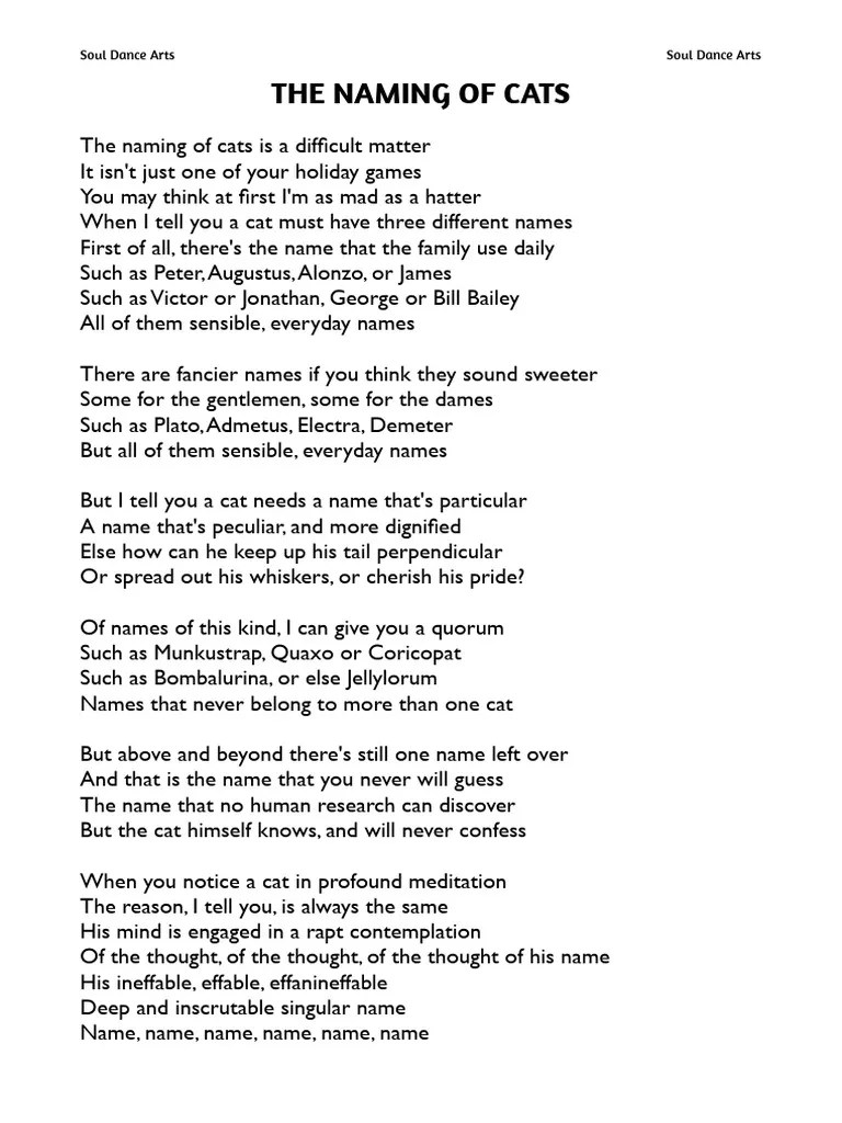 The Naming of Cats Lyrics PDF