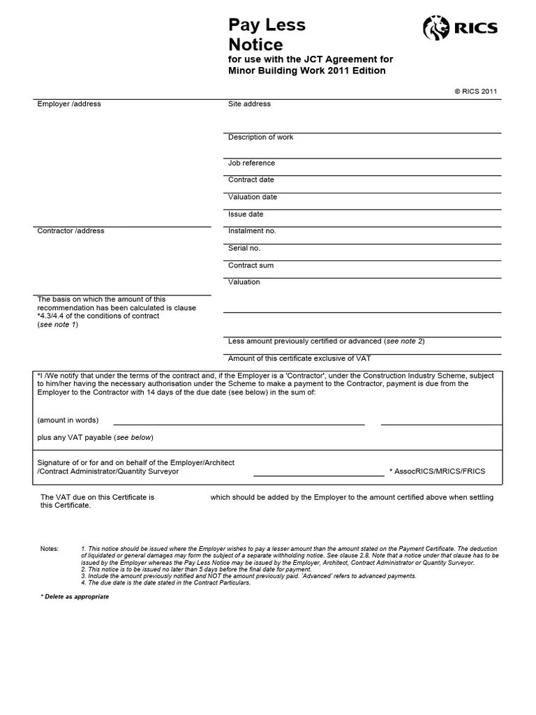 JCT 2011 Pay Less Notice Minor Works PDF Employment Real Estate