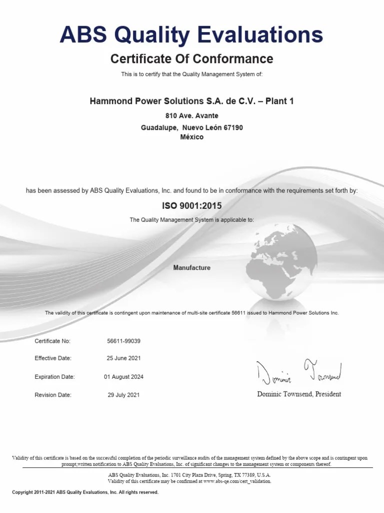 ABS Quality Evaluations Certificate of Conformance PDF