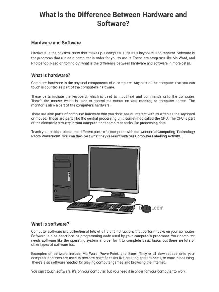 What is the Difference Between Hardware and Software_ Twinkl PDF Computer Hardware Software