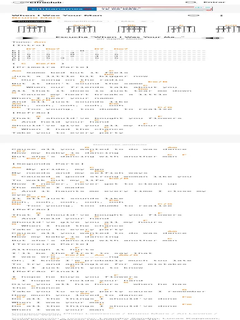 When I Was Your Man Bruno Mars CIFRA CLUB Download Free PDF