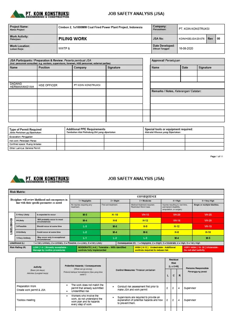 2020076JSAPiling Work PDF Occupational Safety And Health Risk