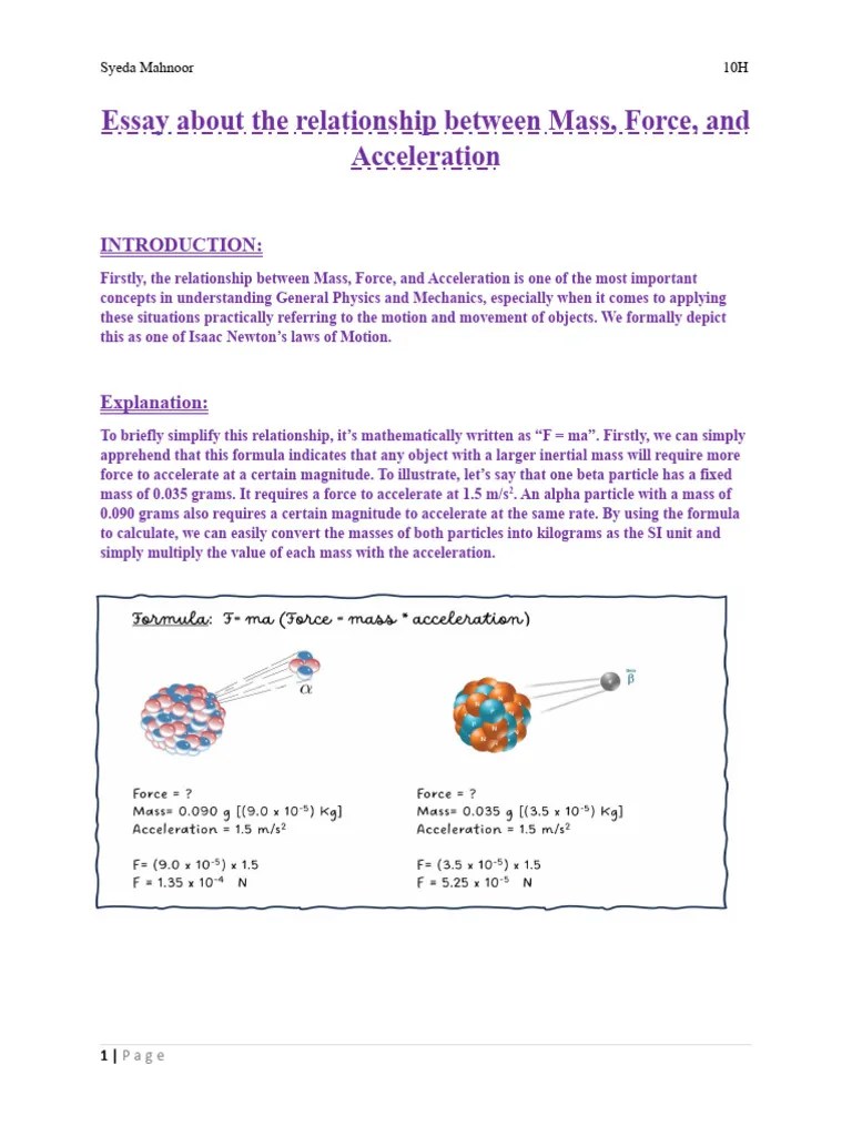 Essay About The Relationship Between Mass, Force, and Acceleration PDF Force Mass