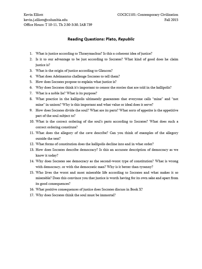 Plato Republic Reading Questions PDF