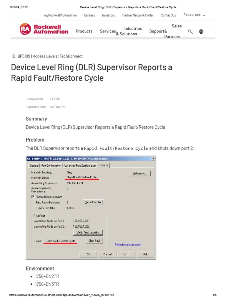 Device Level Ring (DLR) Supervisor Reports A Rapid Fault Restore