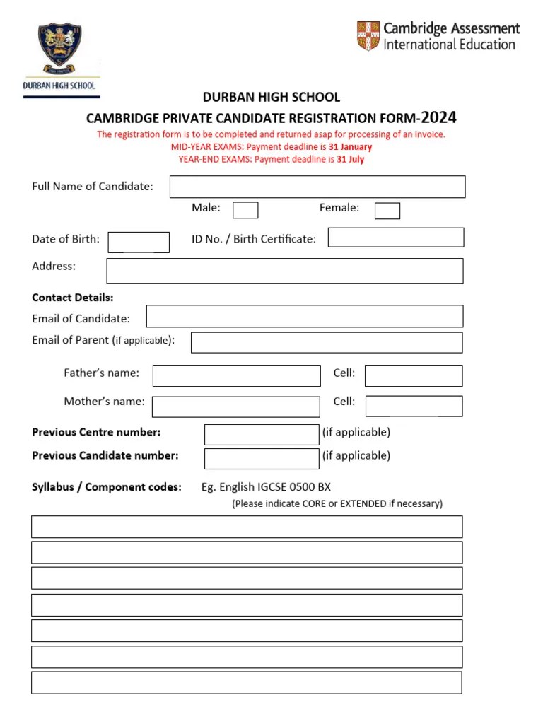 2025 Private Candidate Registration Form PDF