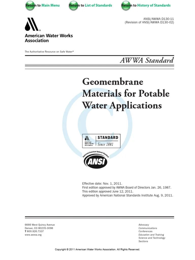 Geomembrane Materials For Potable Water Applications AWWA Standard