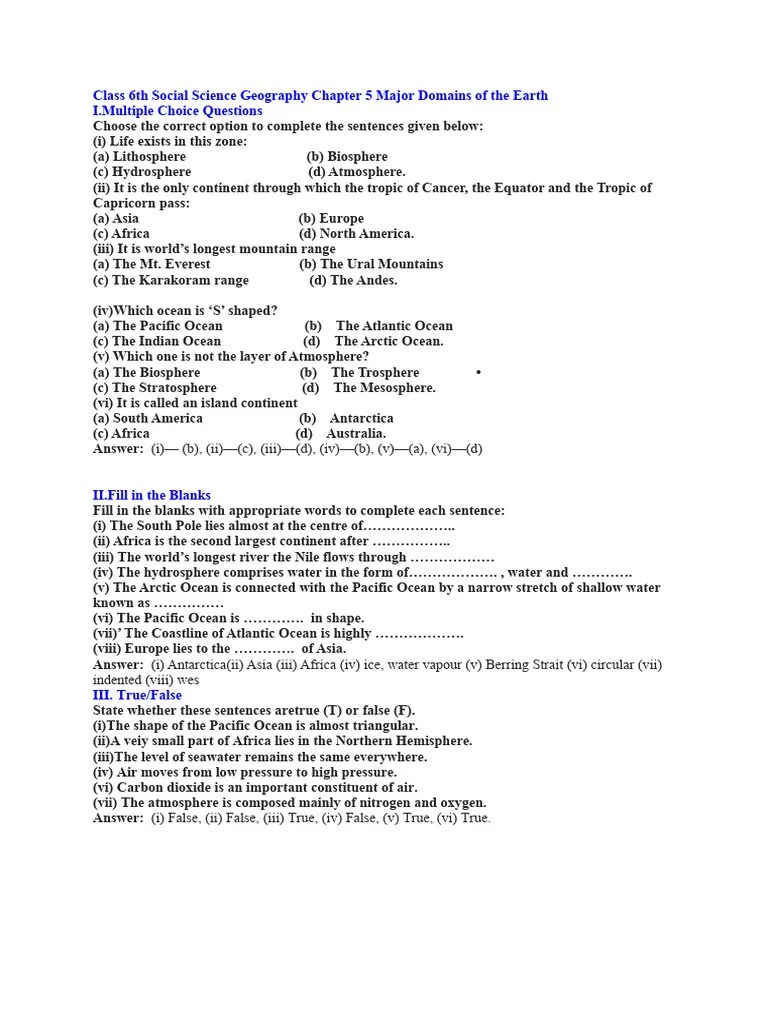 Class 6th Social Science Geography Chapter 5 Major Domains of The Earth