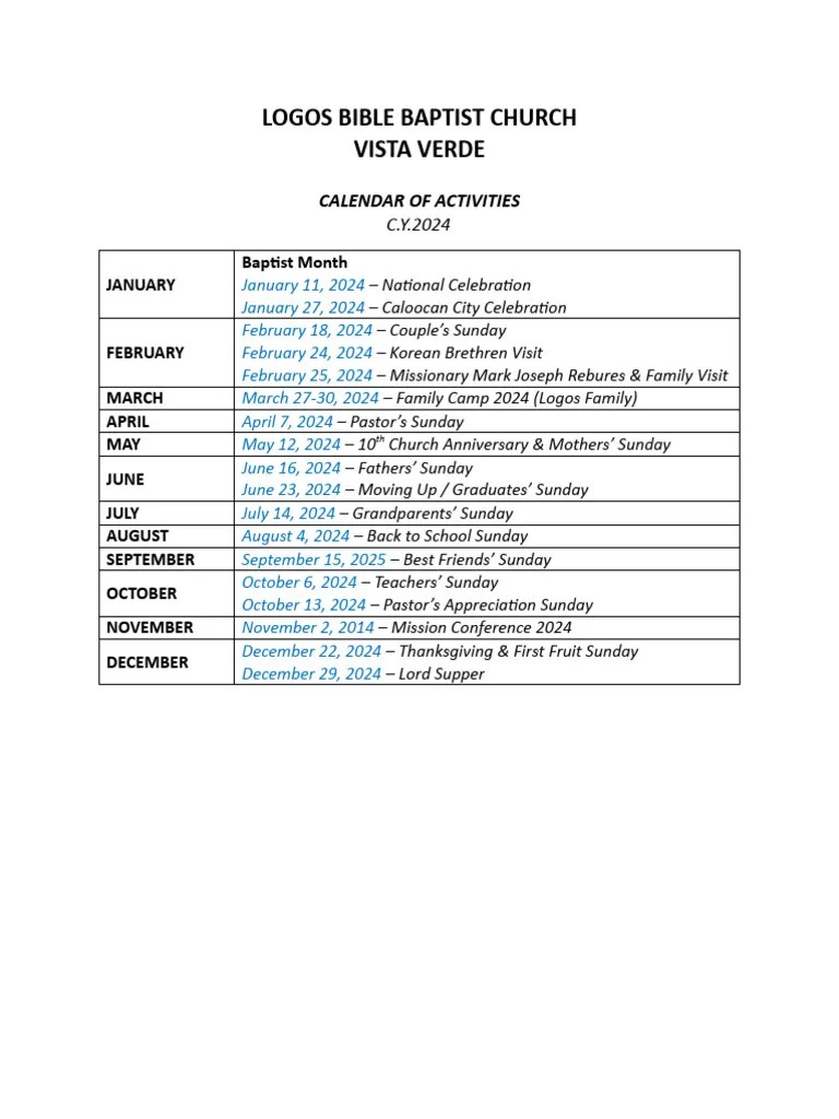Church Calendar of Activities PDF