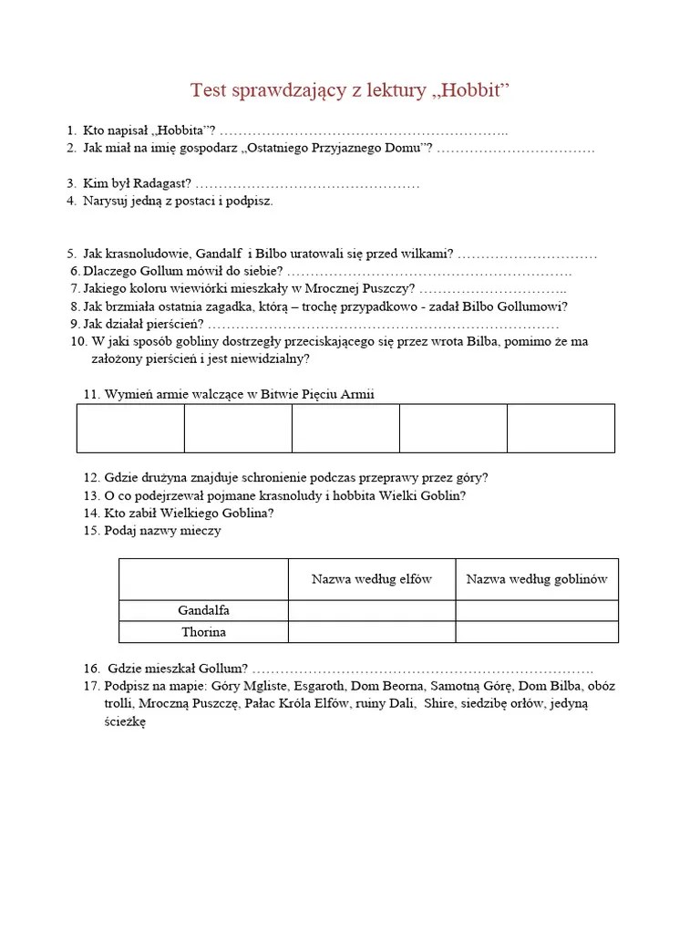 Test Sprawdzający Z Hobbita PDF