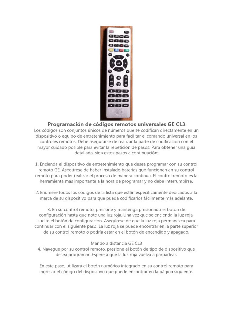 Programming GE CL3 Universal Remote Codes PDF Control remoto