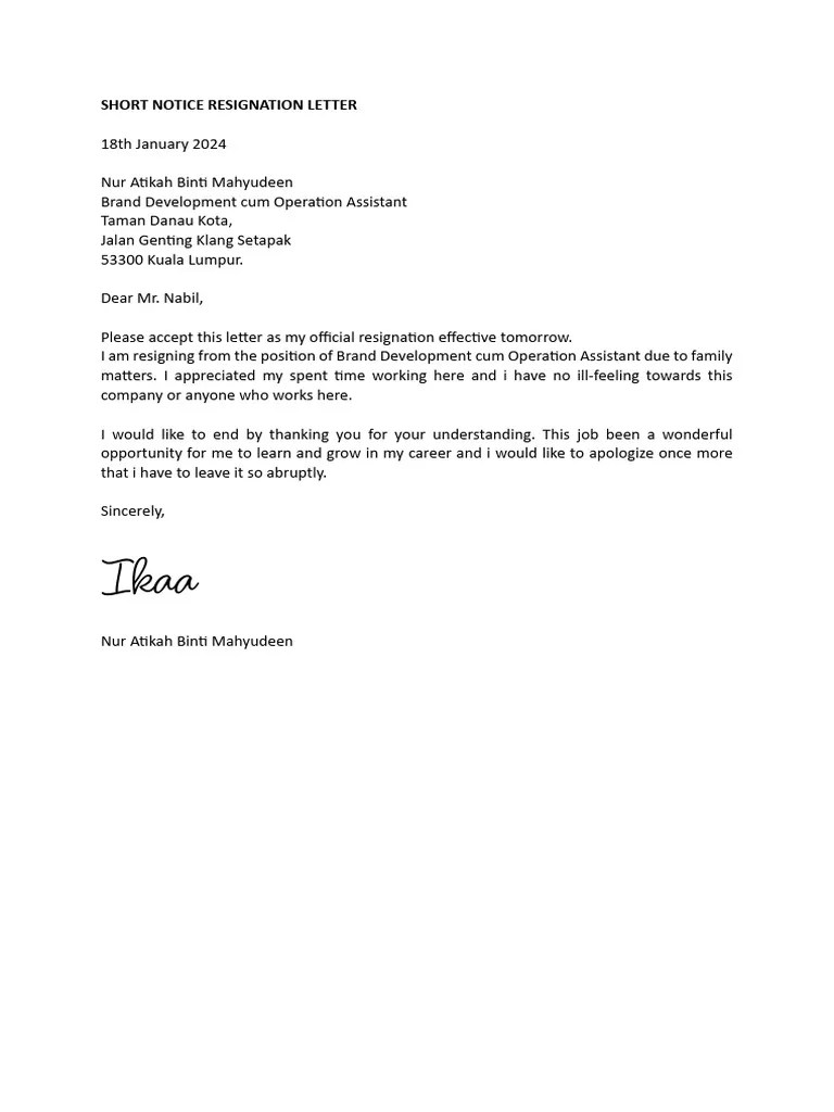 Short Notice Resignation Letter PDF