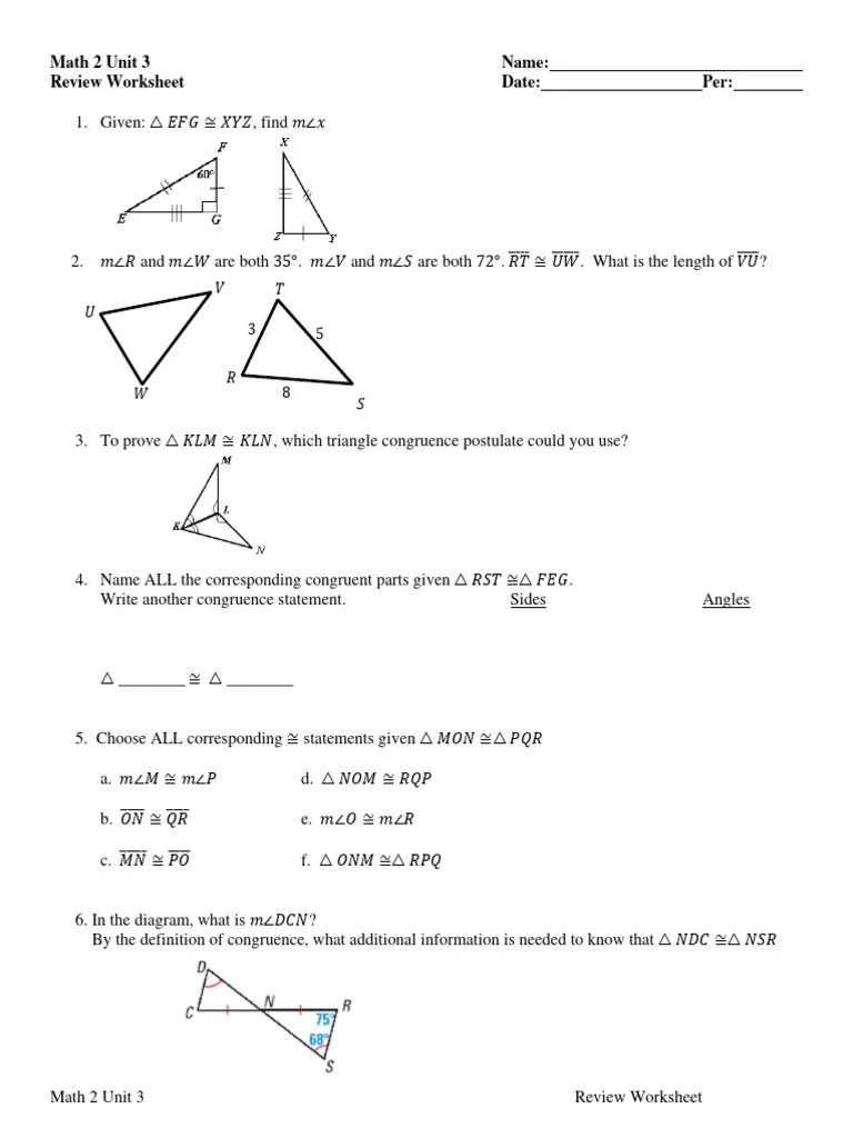 Math 2 Unit 3 Review Worksheet PDF