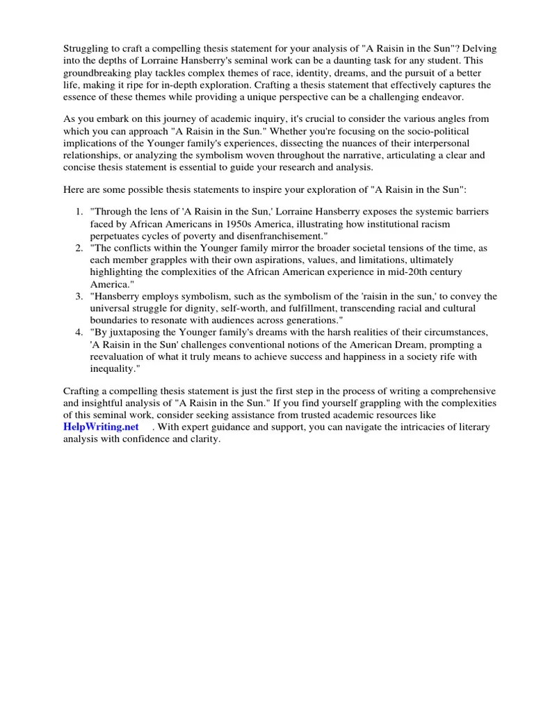 Possible Thesis Statements For A Raisin in The Sun PDF