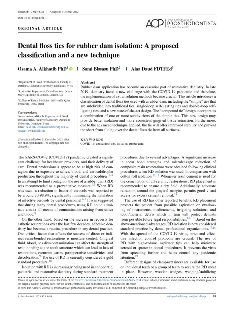 Dental Floss Ties For Rubber Dam Isolation A Proposed Classification