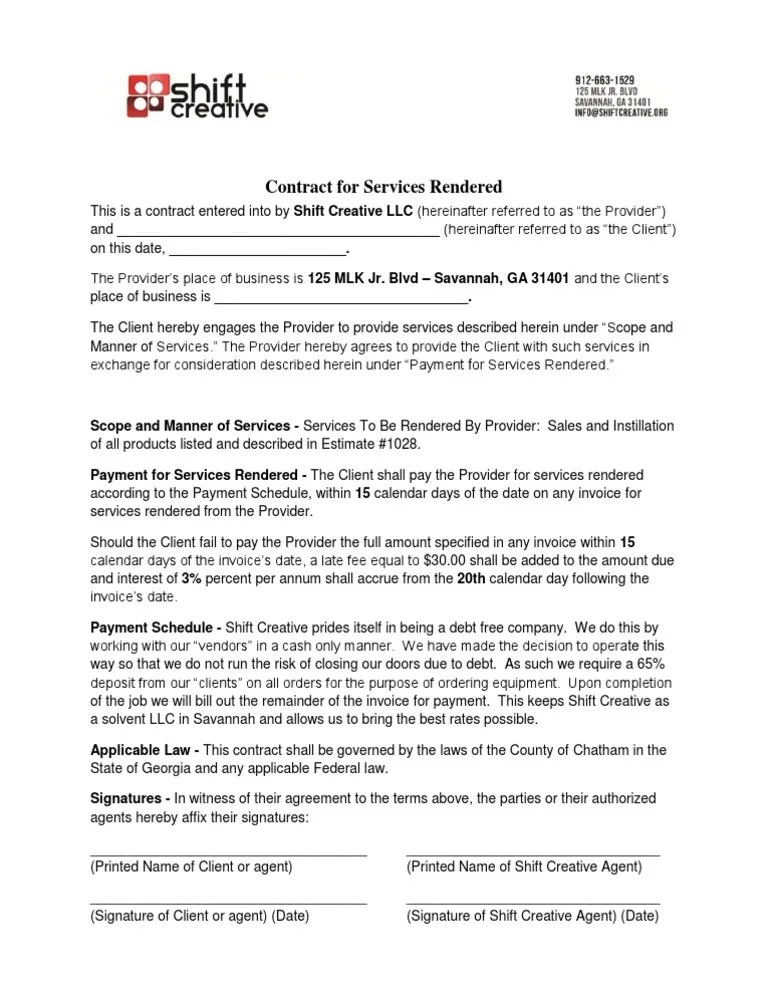 Contract for Services Rendered Payments Invoice