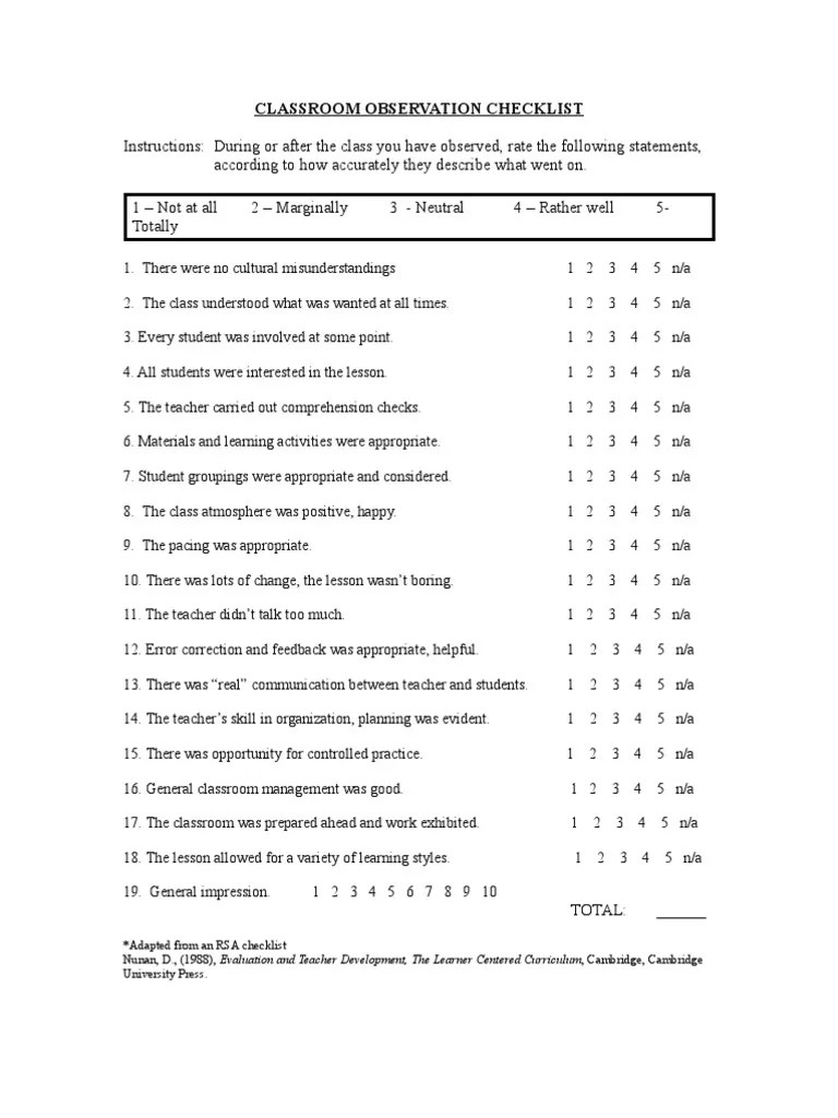 Classroom Observation Form Classroom Teachers