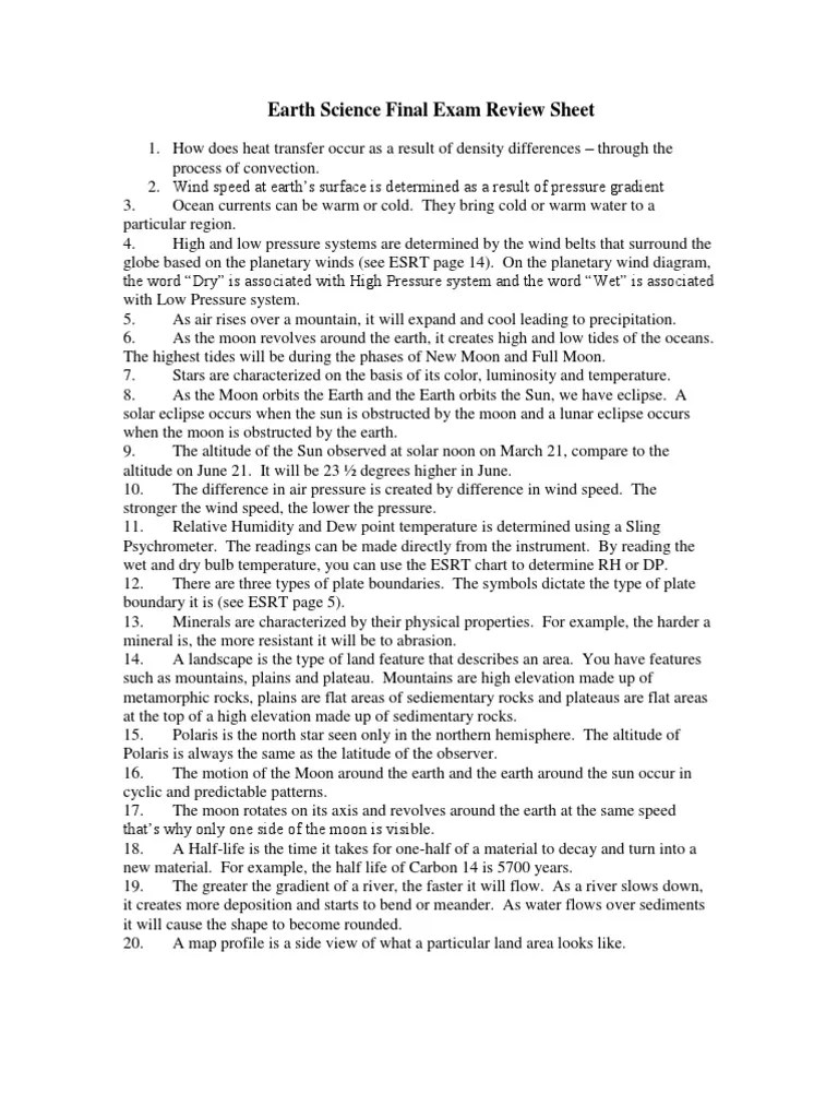 Earth Science Final Exam Review Sheet PDF Moon Earth
