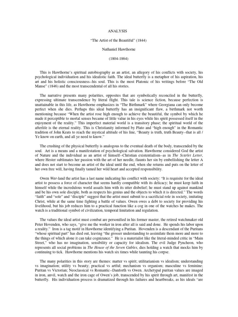 SSTORY Hawthorne, Nathaniel the Artist of the Beautiful (1844) Analysis