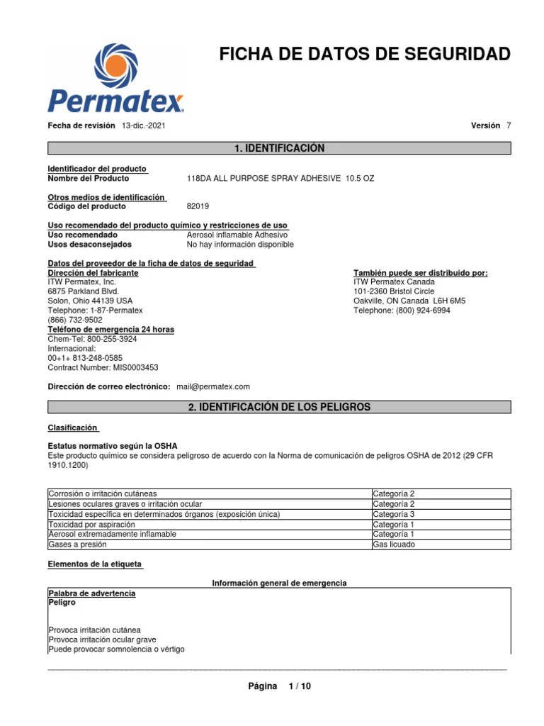 All Purpose Spray Adhesive Permatex PDF Agua Toxicología