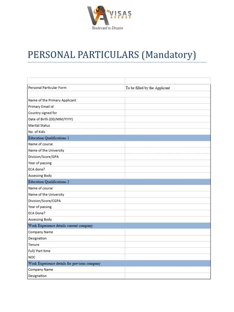 Personal Particulars Form PDF