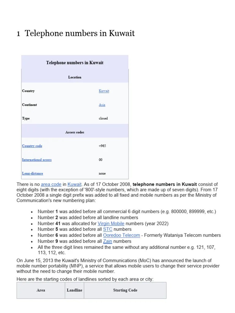 Telephone numbers in Kuwait PDF Numbers Electronics