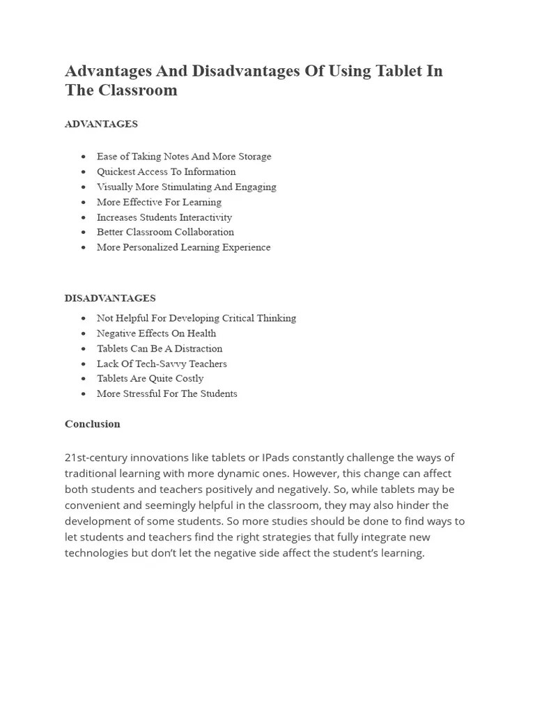 Advantages and Disadvantages of Using Tablet in The Classroom PDF