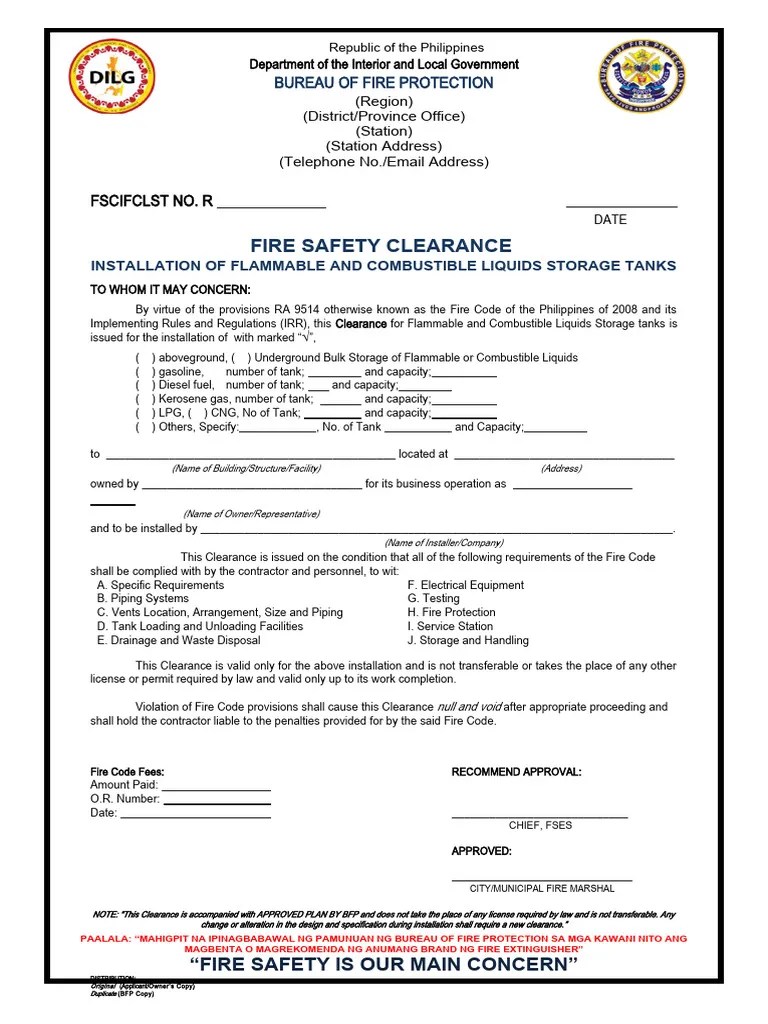 FSED 043 Fire Safety Clearance Installation of Flammable and