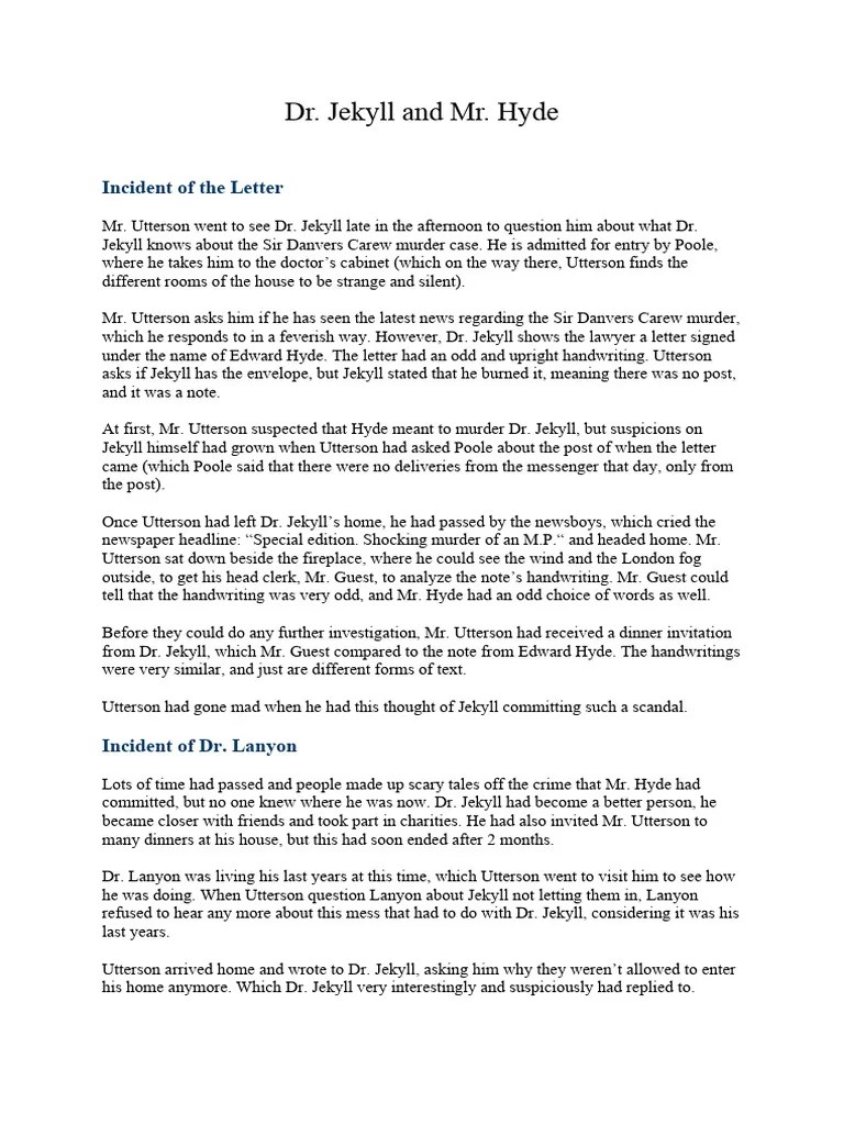 DR Jekyll and MR Hyde Chapters 5 and 6 Summary PDF Dr. Jekyll And