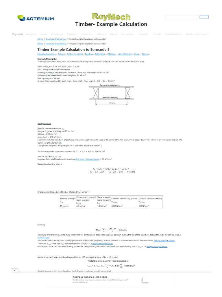 Timber Example Calculation Roymech PDF Bending Lumber