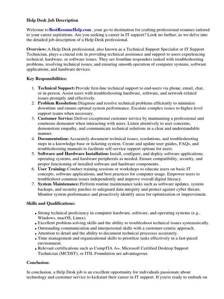 Help Desk Job Description For Resume PDF Technical Support Computing