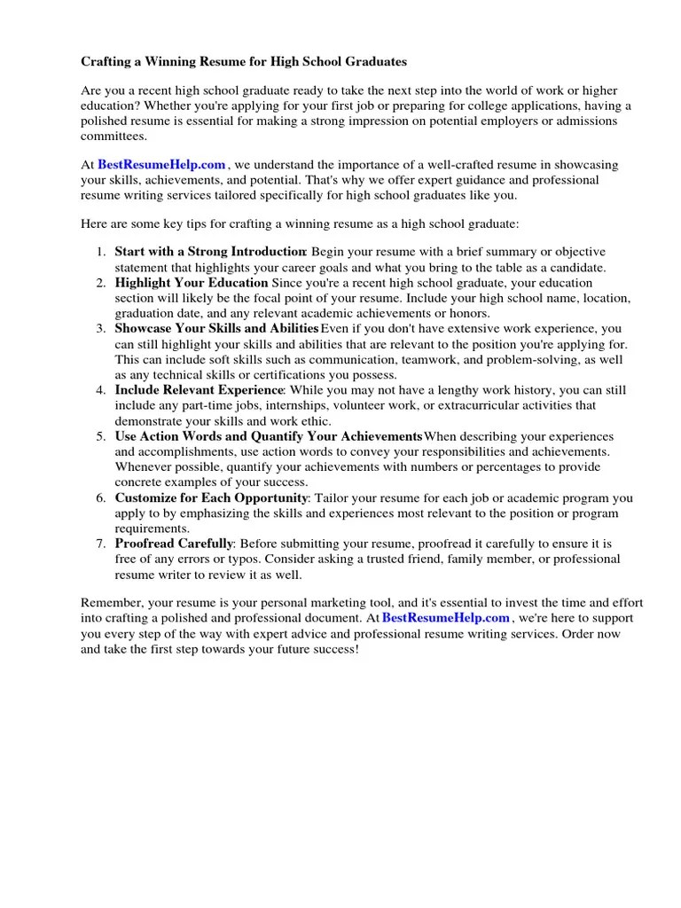 Resume For High School Graduate With Little Experience PDF Résumé