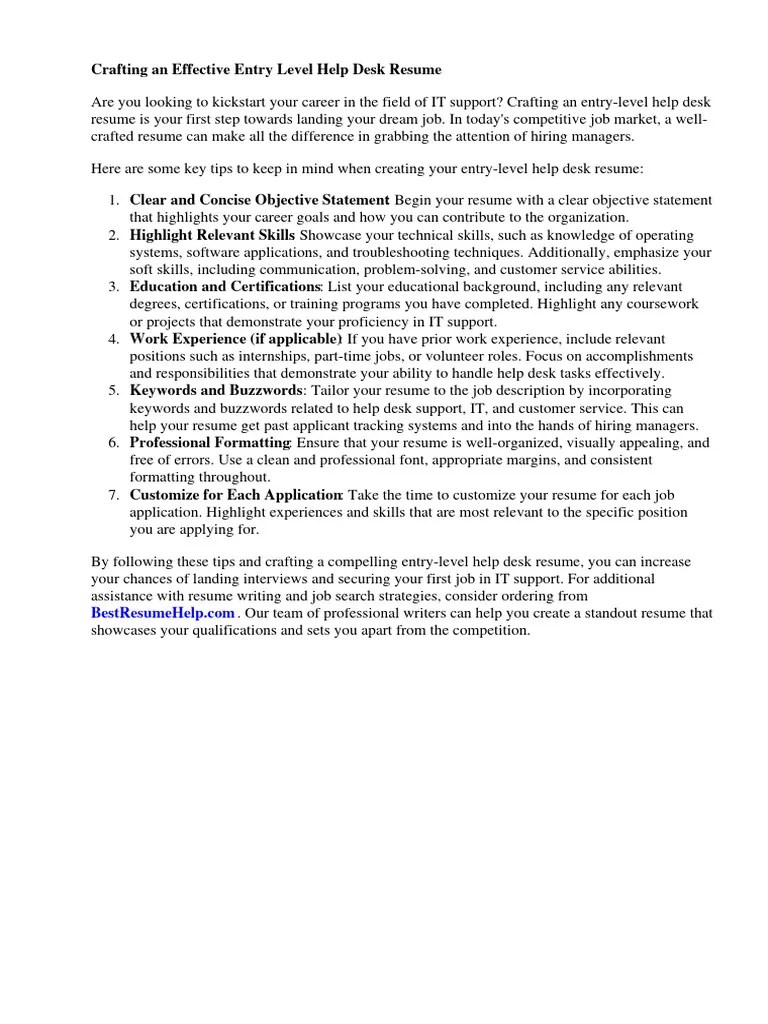Entry Level Help Desk Resume PDF Résumé Technical Support