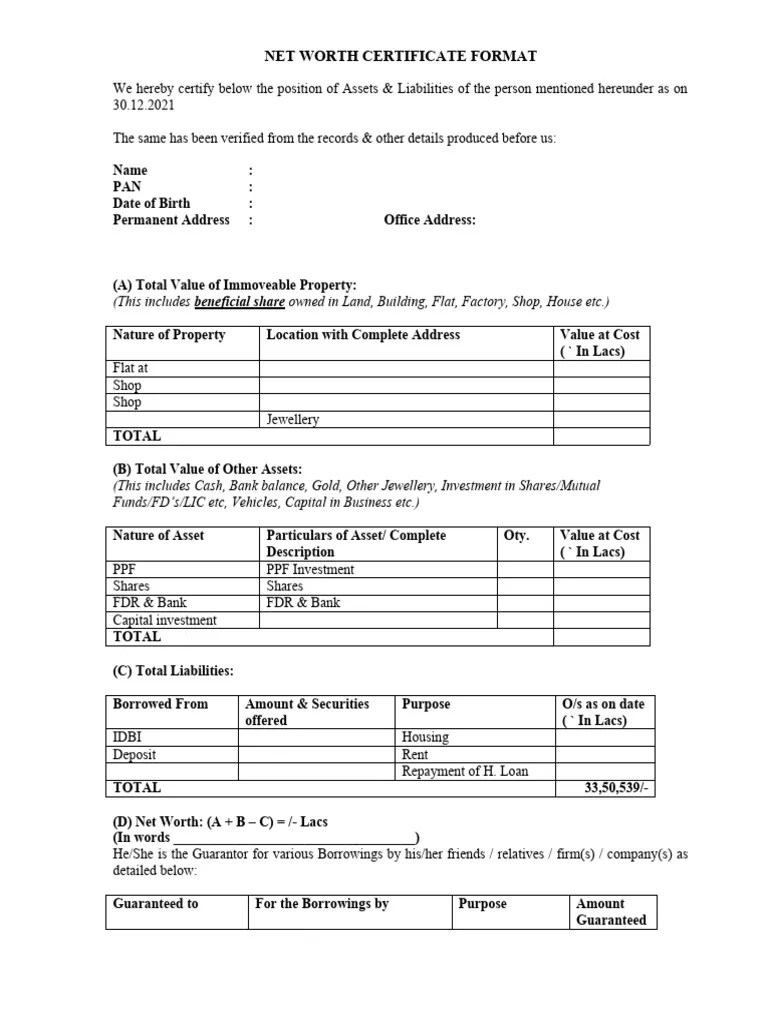 Net Worth Certificate Format for Individuals PDF