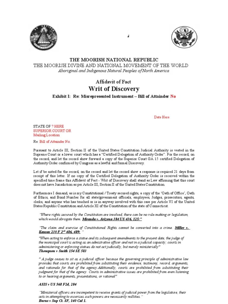 Writ of Discovery Article Three Of The United States Constitution