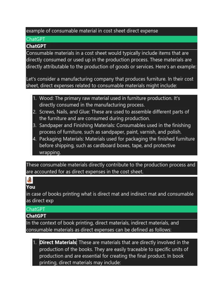 Example of Consumable Material in Cost Sheet Direct Expense Download