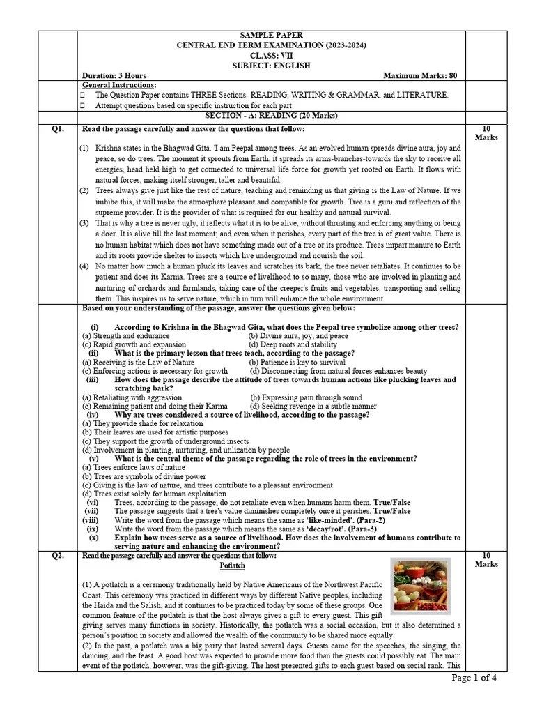 Class 7 English Sample Paper PDF