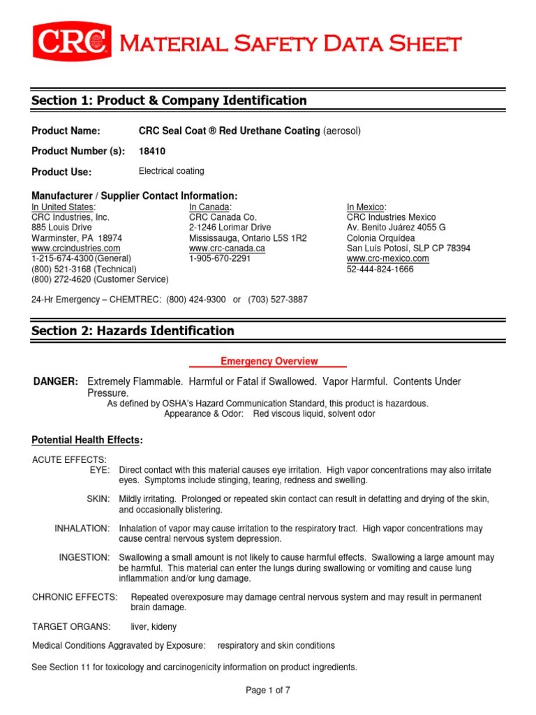 MSDS CRC Red Urethane Seal Coat PDF Dangerous Goods Superfund