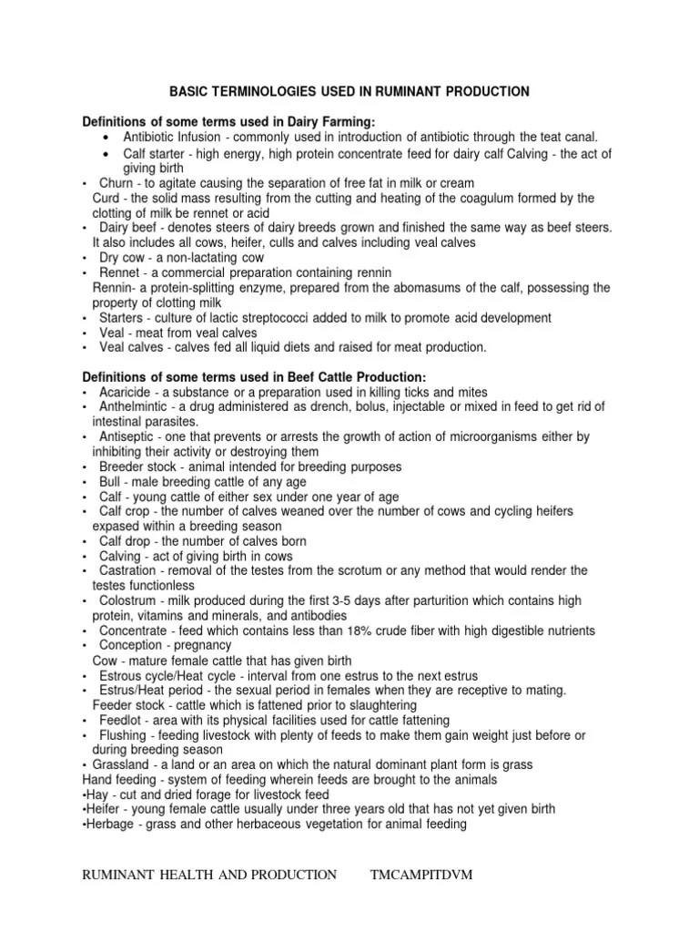 Basic Terminologies Used in Ruminant Production PDF Cattle Goat