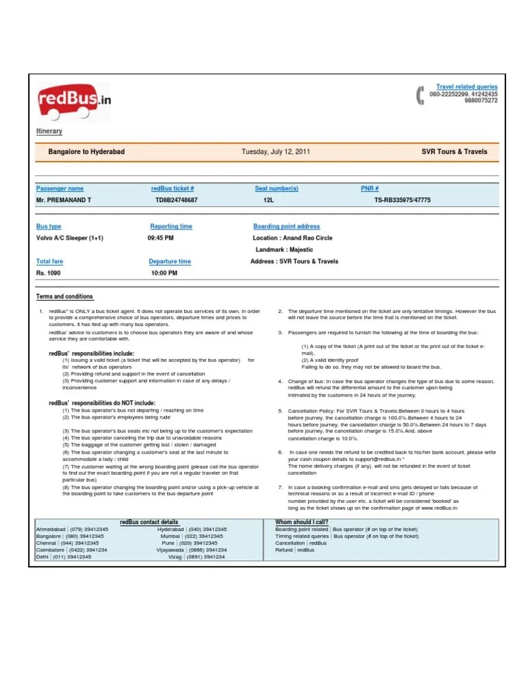 Bus Ticket Red Bus PDF Ticket (Admission) Bus